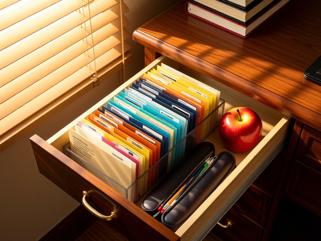 Aerial shot of an organized teacher's desk drawer with labeled portfolio folders, pencil case, and stylized apple. Golden hour light through venetian blinds. No people.