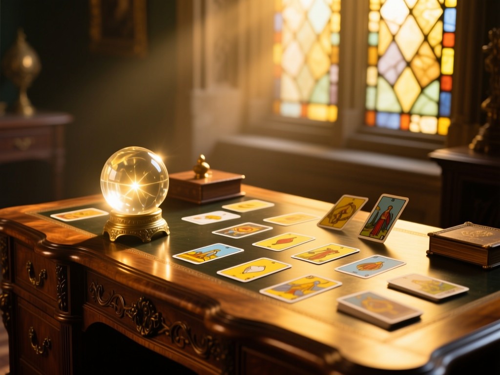 An antique wooden desk at golden hour, featuring a crystal ball glowing with inner light beside scattered tarot cards, soft sunlight filtering through stained glass, warm mystical ambiance, shallow depth of field, no people visible.