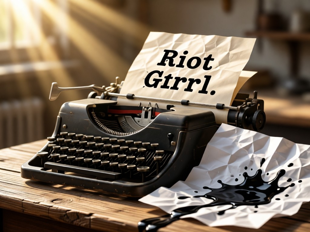 A vintage typewriter with 'Riot Grrrl' typed on crumpled paper beside dripping black ink. Soft focus background with sun flares. No people.