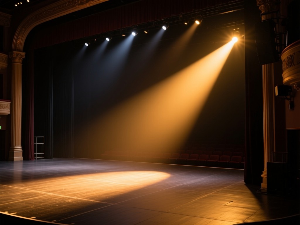 A single spotlight on an empty stage during golden hour, symbolizing opportunity and focus, warm light beam, dark theater surroundings, dramatic composition, no people.