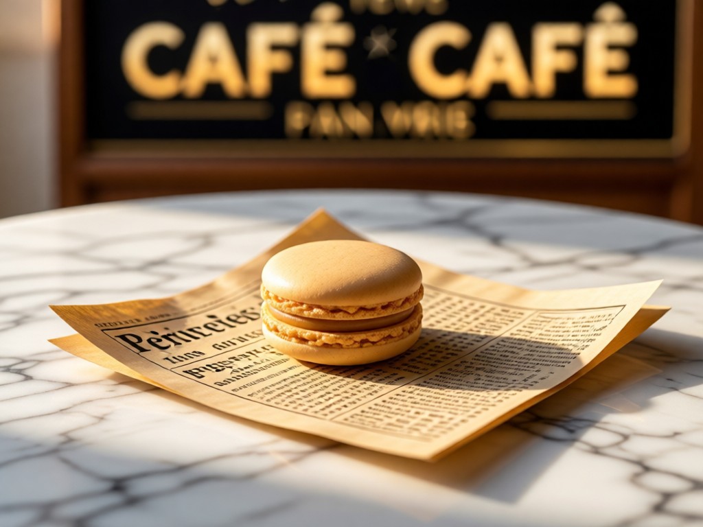 A single macaron on a vintage French newspaper atop a marble surface. Soft golden light highlights the pastry's texture. Background features blurred café signage. Simple, elegant composition. No people.