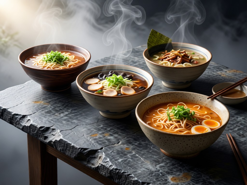 Three artisanal ramen bowls arranged diagonally on a rustic slate table. Each features distinct broths and toppings. Soft side lighting emphasizes textures. Morning mist effect in background. No people.