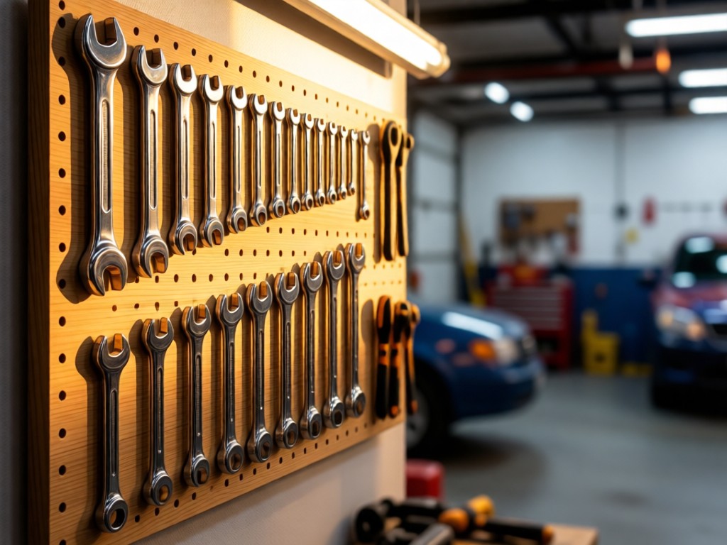 A neatly organized wall-mounted tool board with wrenches arranged by size. Warm light highlights chrome reflections on clean tools. Blurred garage background.