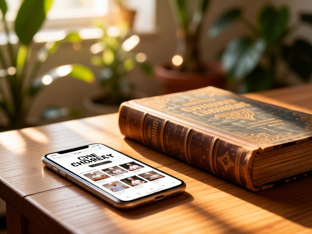 A smartphone displaying a chef's portfolio beside a vintage cookbook on a wooden table. Sunlight filters through nearby plants, creating soft bokeh. Warm and tech-friendly. No people.