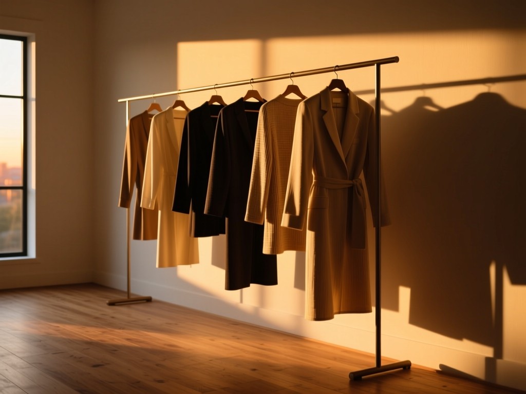 A minimalist clothing rack with designer garments in sunset lighting, golden hour glow highlighting fabric textures, soft shadows on wooden floor, shallow depth of field, warm natural tones, no people.