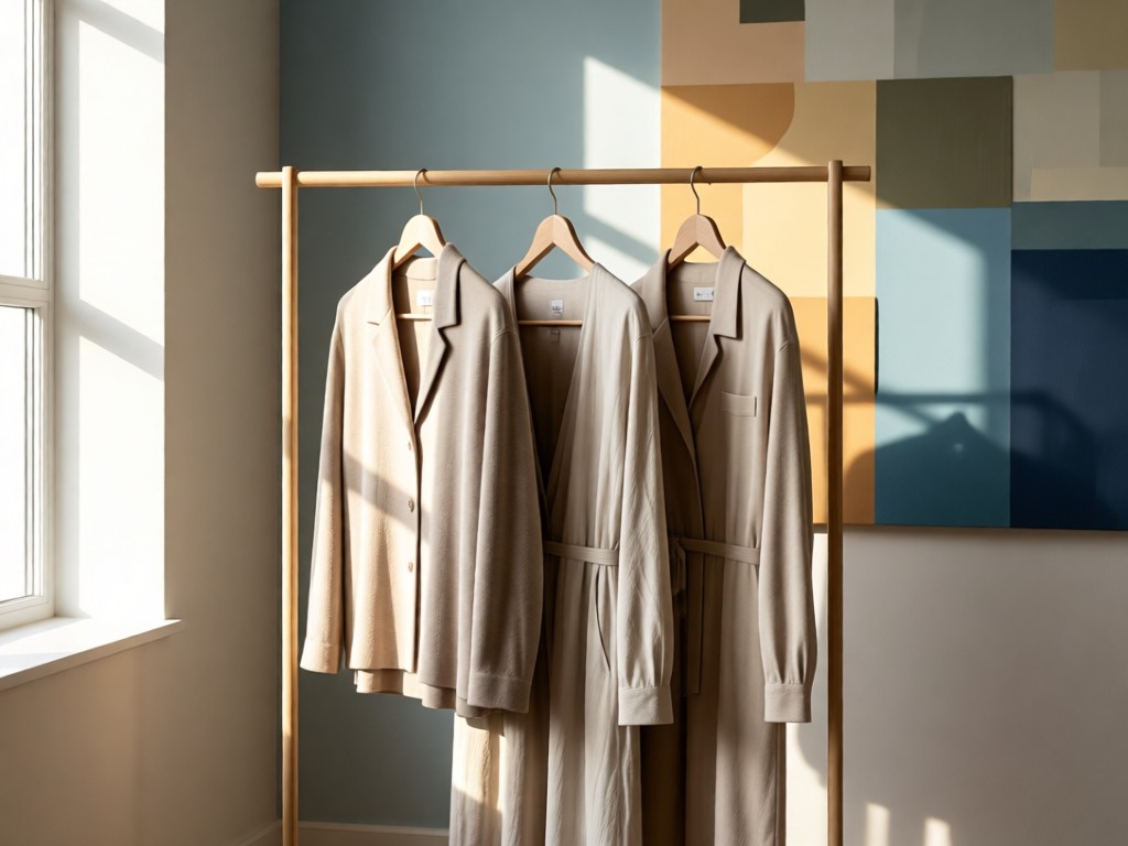 A minimalist clothing rack holding three carefully arranged garments in neutral tones. Soft window light highlights fabric textures. Background features abstract art in complementary colors. No people.