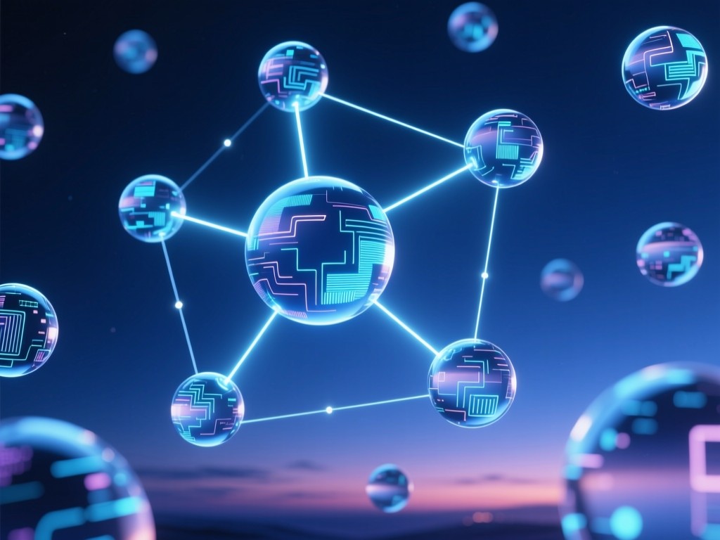 A constellation of floating holographic spheres connected by light beams during twilight, each sphere containing abstract digital patterns, deep indigo background, ethereal glow, no text.
