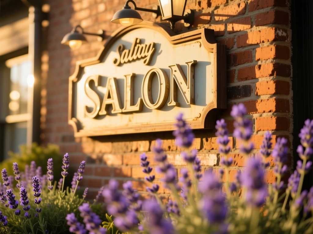 A vintage salon sign illuminated by late afternoon sun on a rustic brick wall, soft focus on blooming lavender in foreground, golden warmth, shallow depth of field, natural tones, no text.