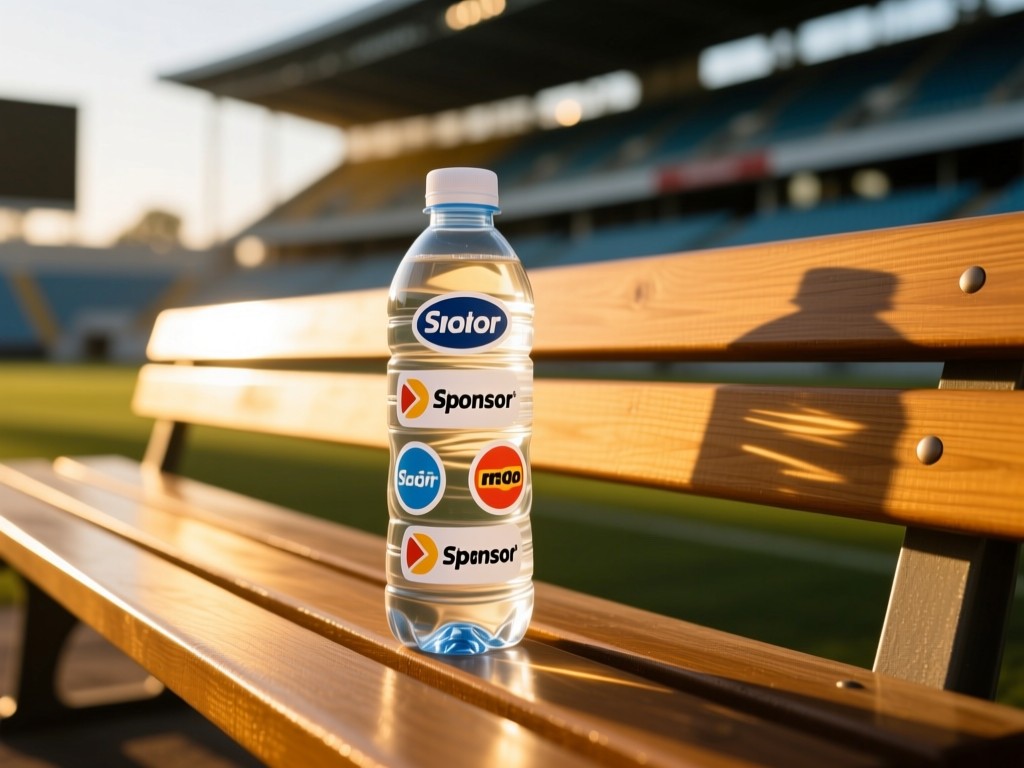 A clean arrangement of sponsor logo stickers on a water bottle. Golden hour light creates long shadows on a wooden bench. Background blurred with stadium architecture. No people.