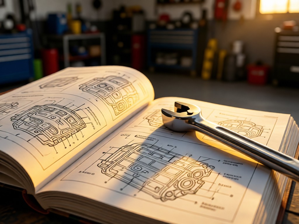 Close-up of an open car engine manual with technical diagrams beside a clean torque wrench. Golden hour light illuminates the pages. Blurred garage background. No people.