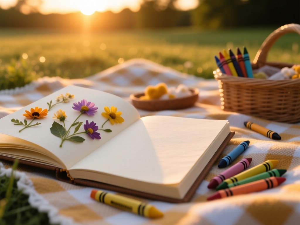 An open scrapbook with pressed flowers and crayons on a picnic blanket during sunset, golden light illuminating empty pages, shallow focus, warm tones, creative family vibe.