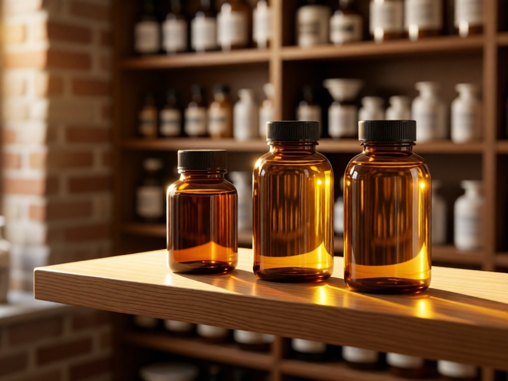 Minimalist shelf displaying three premium supplement bottles against a soft-focus apothecary backdrop. Golden hour light creates warm reflections on glass. No people.