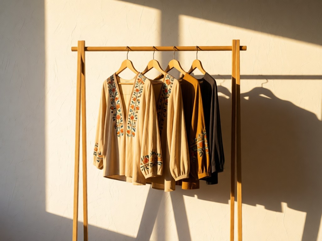 Minimalist clothing rack displaying hand-embroidered blouses against a whitewashed wall. Golden hour light creates long shadows emphasizing textures. No people.