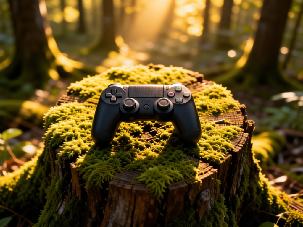 Aerial shot of a Playstation controller centered on a mossy log in sun-dappled forest. Symbolizes unified gaming identity in natural setting. Golden hour warmth. No people.