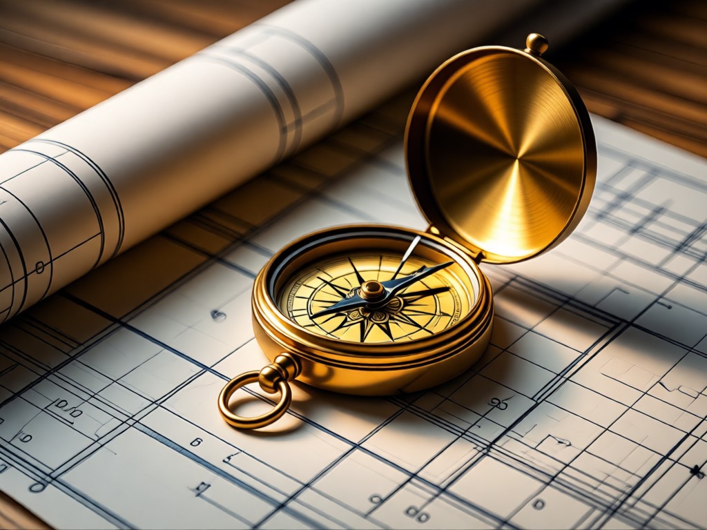 Vintage brass compass on a rolled blueprint. Golden light illuminates architectural lines. Soft focus wood grain background. Symbolizes precision and discovery. No people.