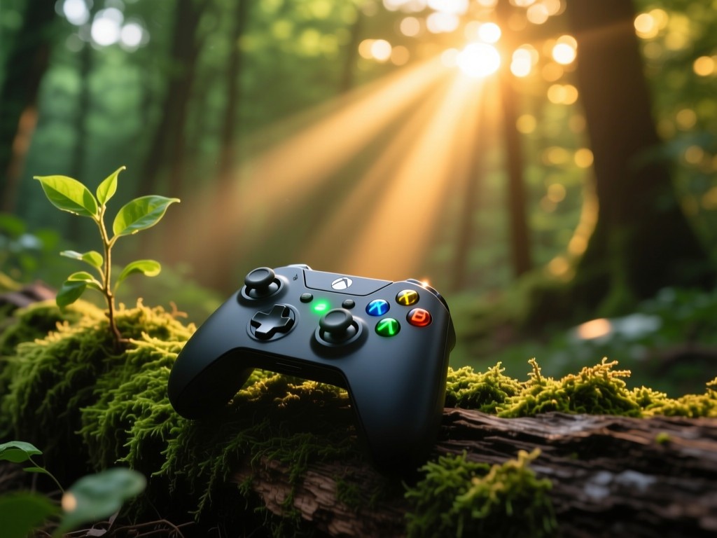 Controller with glowing buttons on mossy log during sunset, light beams piercing forest canopy, vibrant greens and golds, symbolic of organic growth, shallow depth of field.