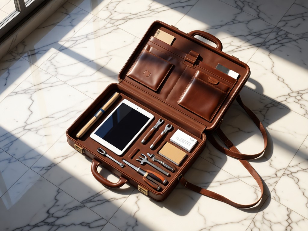 An aerial view of a sleek leather briefcase open on a marble floor, revealing neatly organized tools: tablet, notebook, and business cards. Soft shadows stretch in afternoon light. No people.