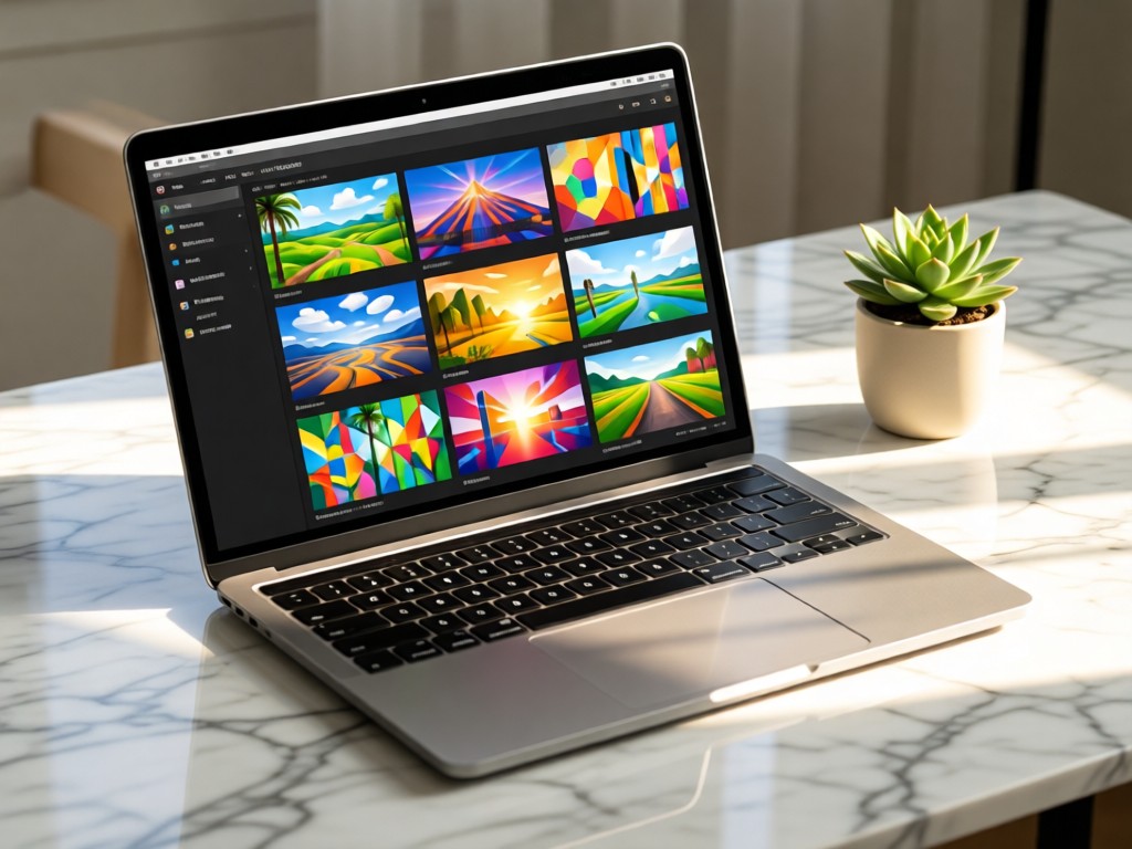 An open modern laptop showing colorful project thumbnails neatly arranged. Sunlight reflects off the screen onto a marble desk surface. A small succulent plant sits beside it. Clean and efficient vibe. No people.