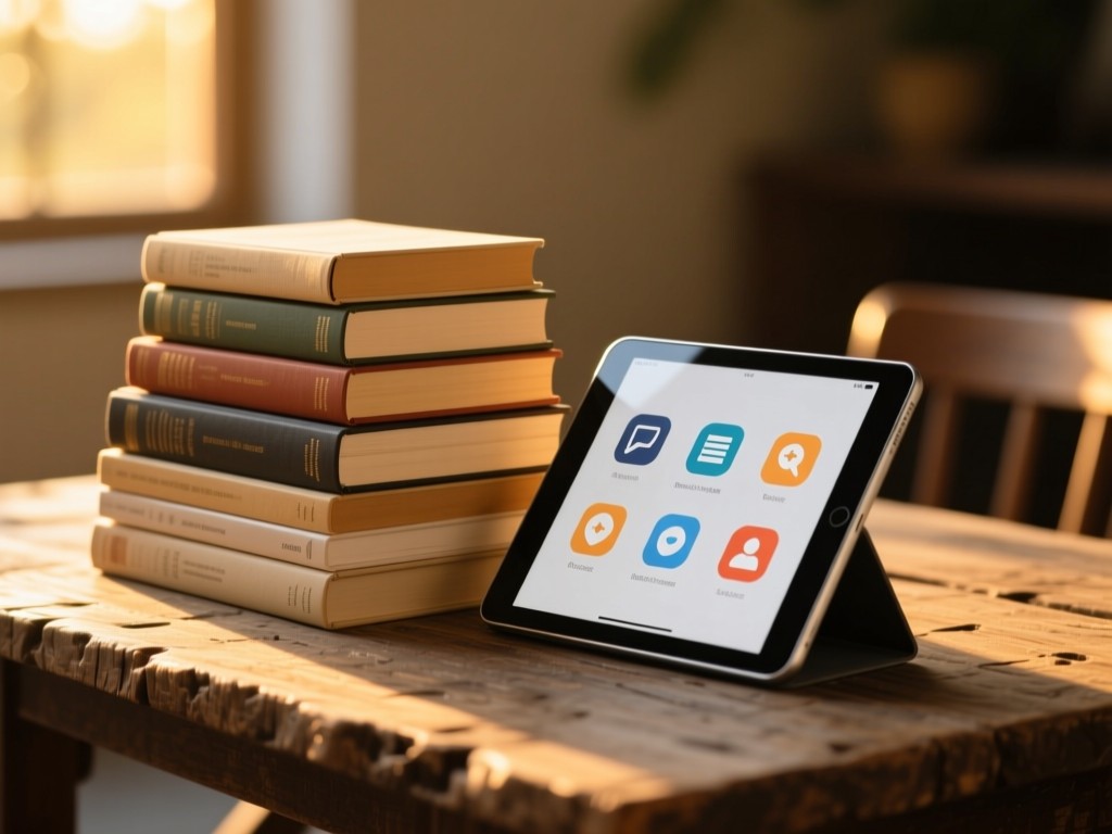 A neatly stacked pile of textbooks and tablet showing resource icons on a rustic table during golden hour, warm sunlight highlighting textures, minimalist composition.