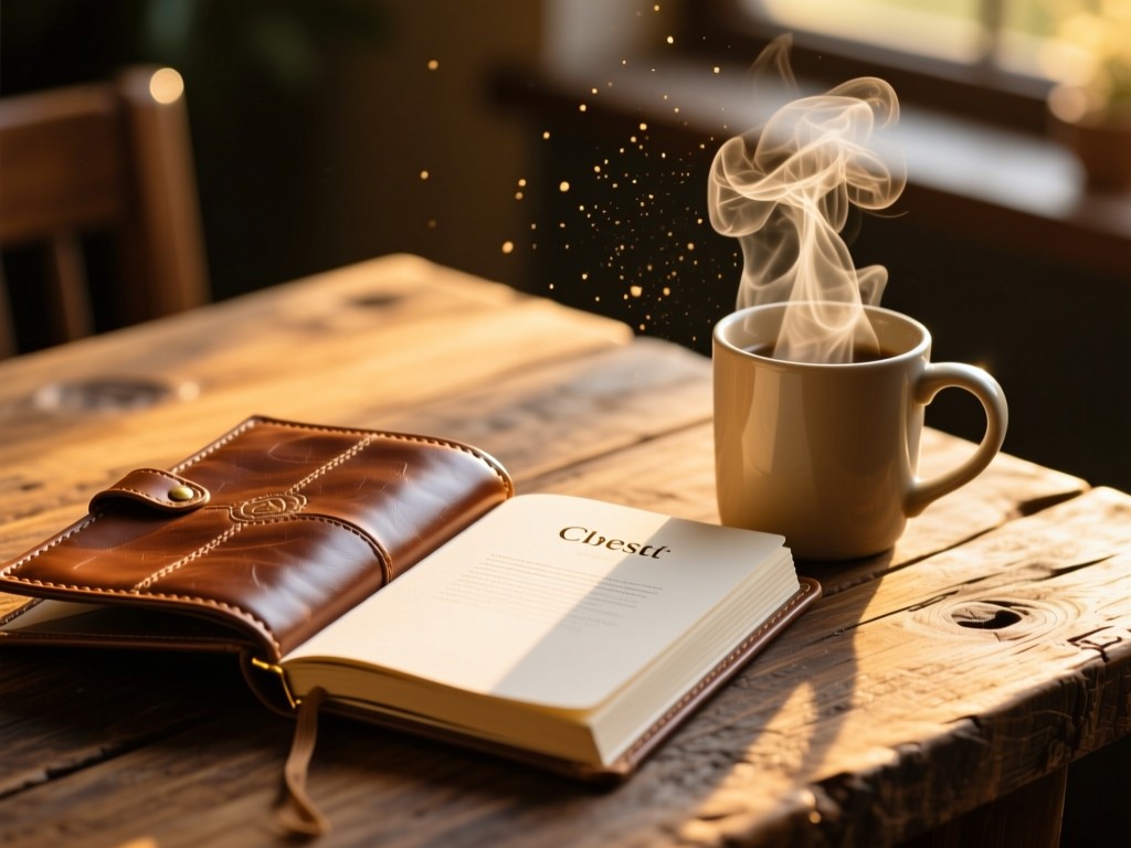Close-up of an open leather-bound guestbook beside a steaming mug on a reclaimed wood table. Golden hour light illuminates the steam and dust particles. Focus on hospitality elements in warm tones. No people.