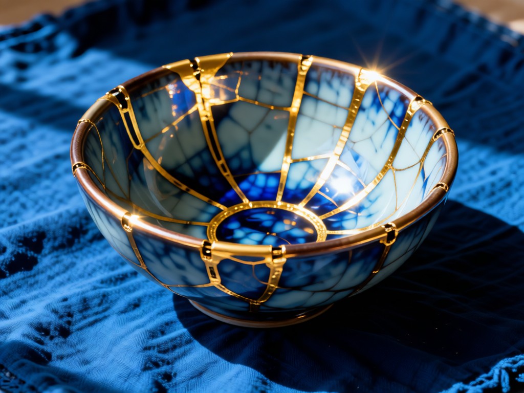 A kintsugi-repaired ceramic bowl with gold seams, placed on indigo-dyed fabric. Sunlight accentuates the golden repair lines. No people.