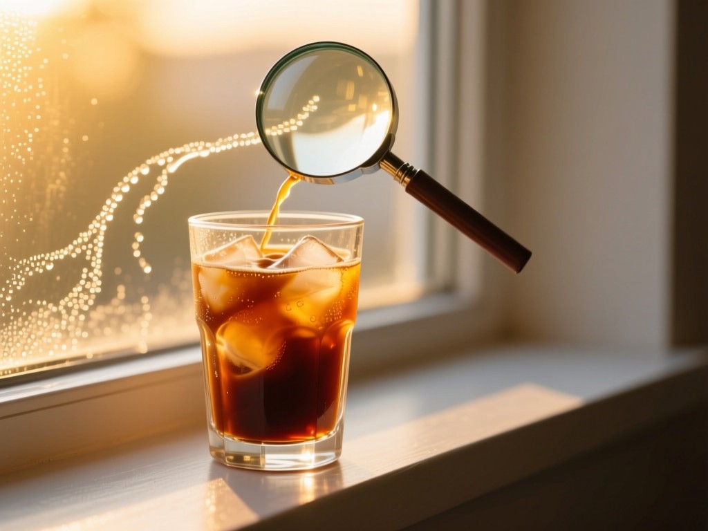 A clear glass of iced coffee on a sunlit windowsill, condensation trails leading to a search magnifying glass, golden hour lighting, vibrant liquid colors, minimalist composition, no text.