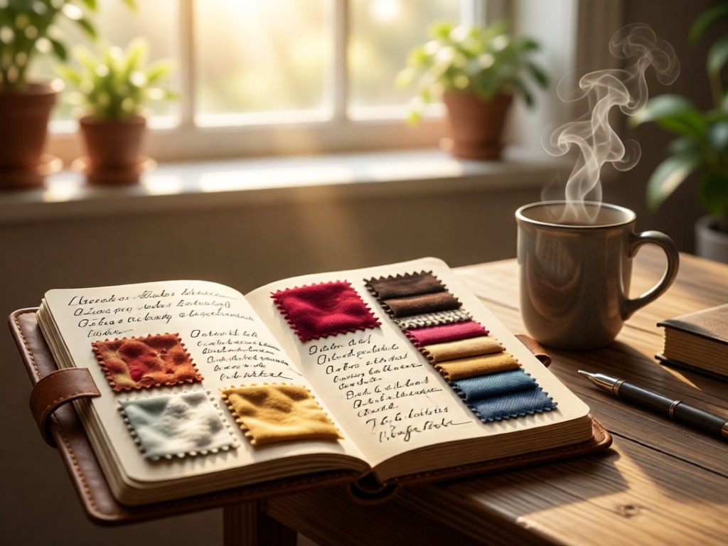 An open leather-bound sketchbook showing fabric swatches with handwritten notes beside a steaming mug. Soft focus background with morning light.