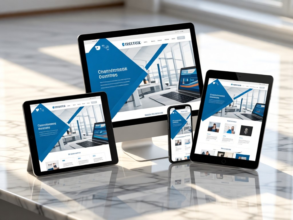 Three angled screens (desktop, tablet, phone) showing the same clean business portfolio. Devices sit on a sunlit marble surface with subtle reflections. No people.