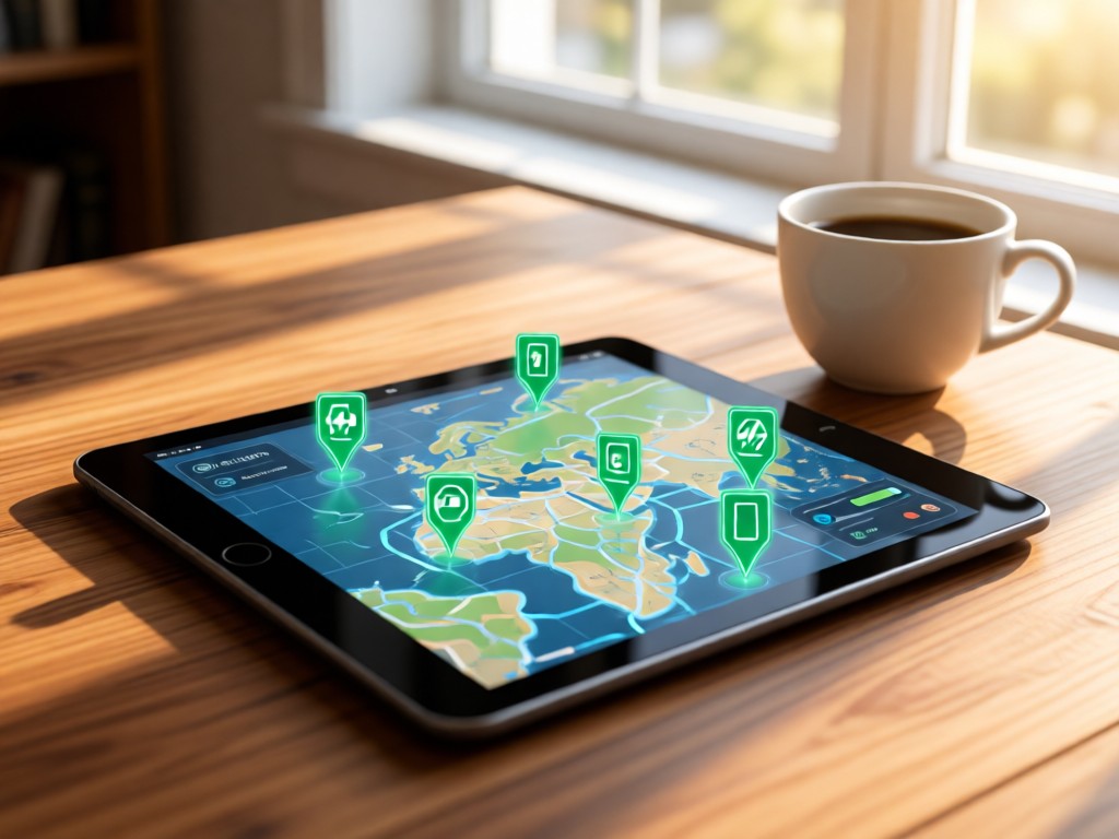 A tablet showing a digital map with charging station pins. Resting on a wooden desk beside a coffee cup. Soft window light creates warmth and clarity. No people.