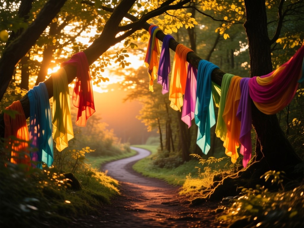 A winding forest path at sunset with colorful costume fabrics draped over branches, golden light creating dappled shadows, symbolizing discovery, vibrant natural colors.