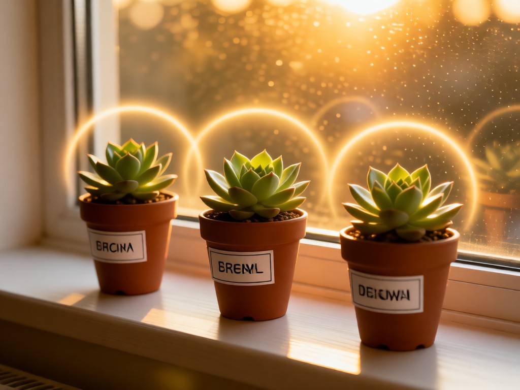Three small potted succulents with name tags on a windowsill. Golden hour light creates individual halos. Symbolizes team diversity and growth. No people.