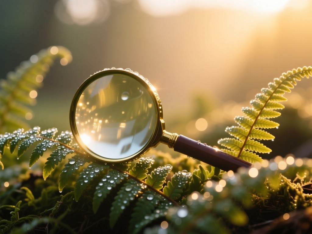 A single magnifying glass resting on dewy ferns at sunrise, golden light filtering through leaves, symbolizing discreet discovery, soft focus background, natural palette.