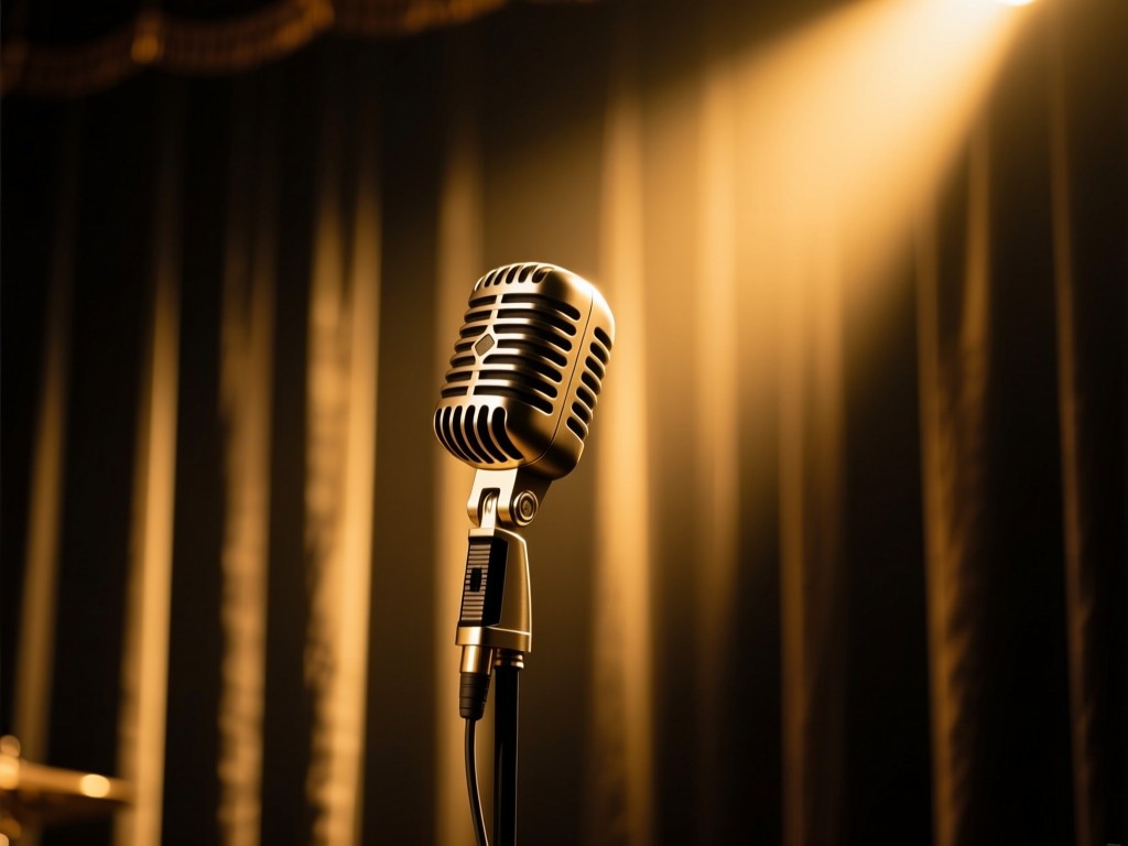 A single stage microphone bathed in golden spotlight against dark curtains, shallow depth of field, warm glow highlighting texture, dramatic shadows, no performer present.