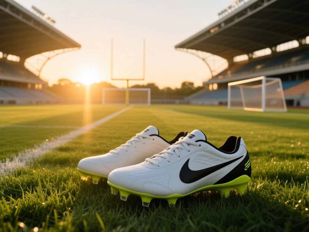A pair of cleats on freshly cut grass at sunrise, golden light filtering through stadium arches, leading lines toward distant goalposts, soft natural lighting, symbolic of opportunity.