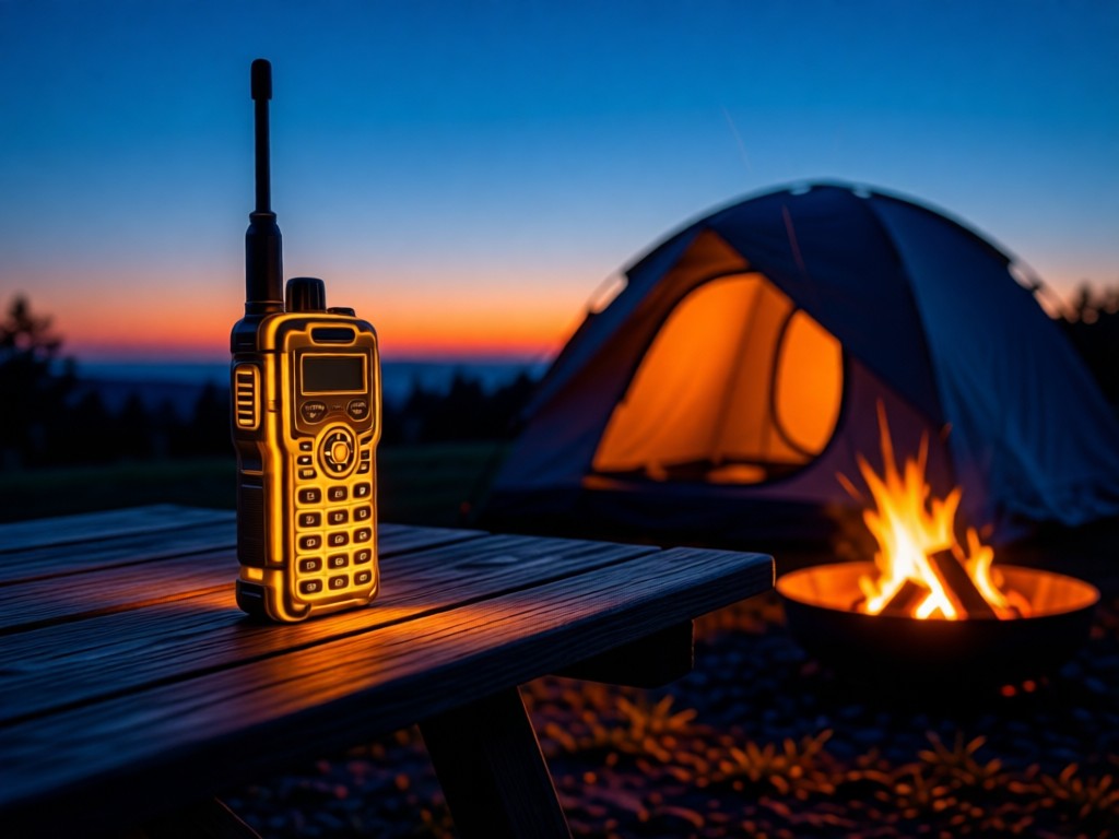 A rugged satellite phone glowing softly on a camp table at dusk. Fading light outlines a tent silhouette. Embers glow in a nearby fire pit. Deep blue and orange tones. No people.