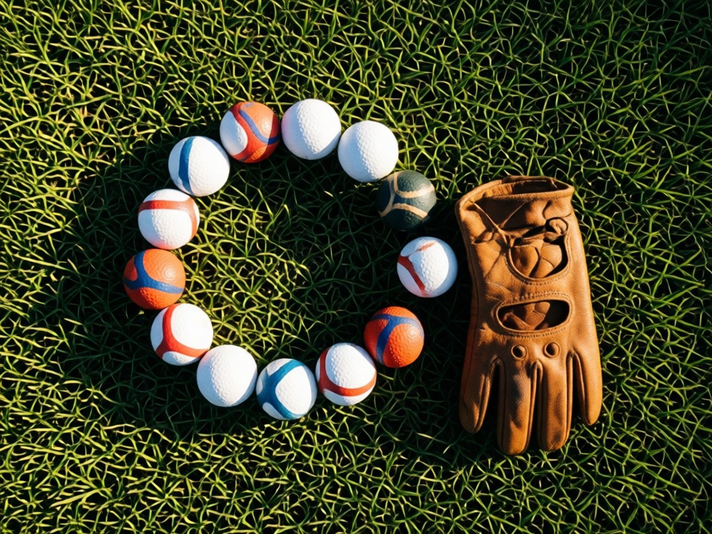 Overhead shot of polo balls arranged in a circle on grass beside a worn leather glove. Late afternoon shadows add depth. No people.