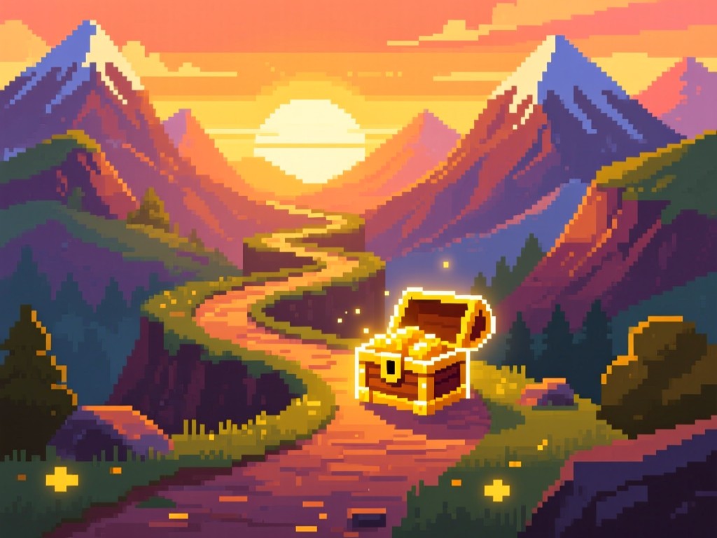 A winding digital path through pixel-art mountains at sunset, leading to a glowing treasure chest symbolizing discovery, golden hour lighting, vibrant colors, no characters.