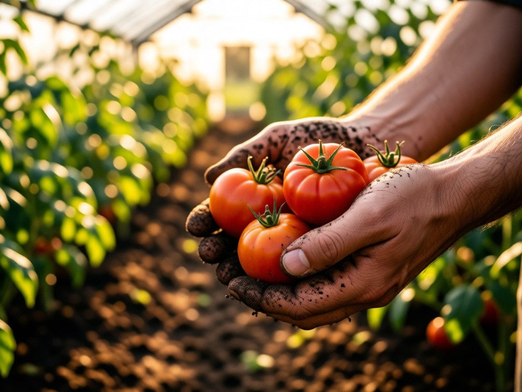 Close-up of soil-covered hands gently holding fresh-picked heirloom tomatoes. Soft focus on sunlit greenhouse rows in background. Earthy tones with golden highlights. No faces visible.