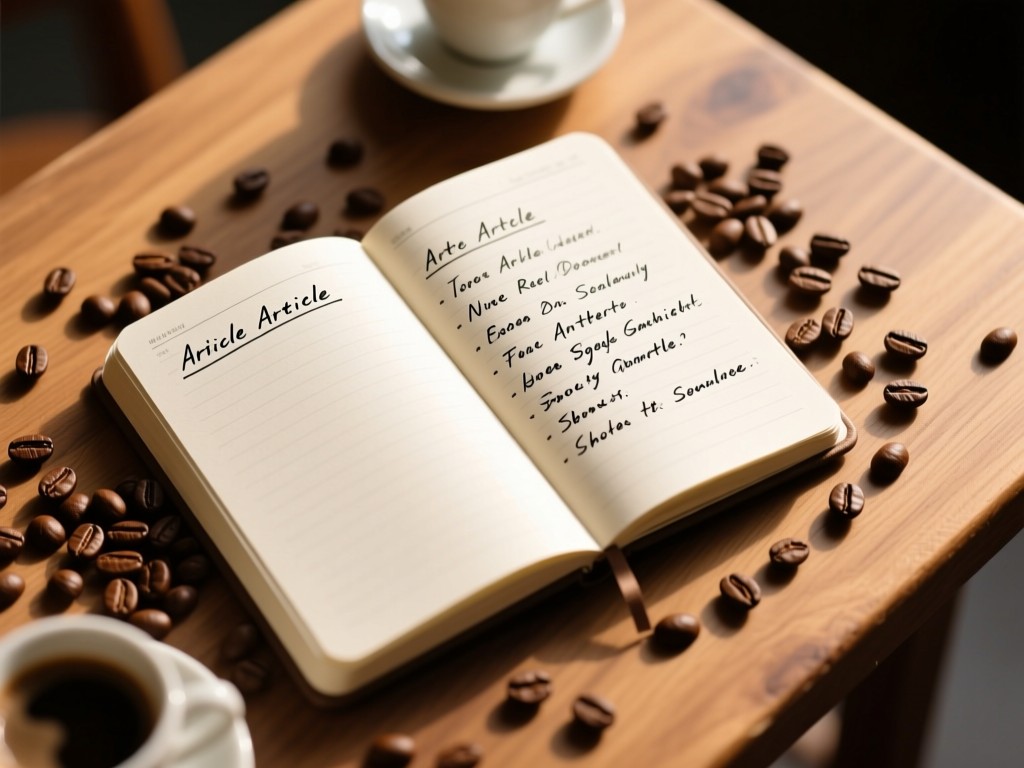A bird's-eye view of a notebook with handwritten article titles, surrounded by scattered coffee beans on a wooden table. Warm natural lighting.