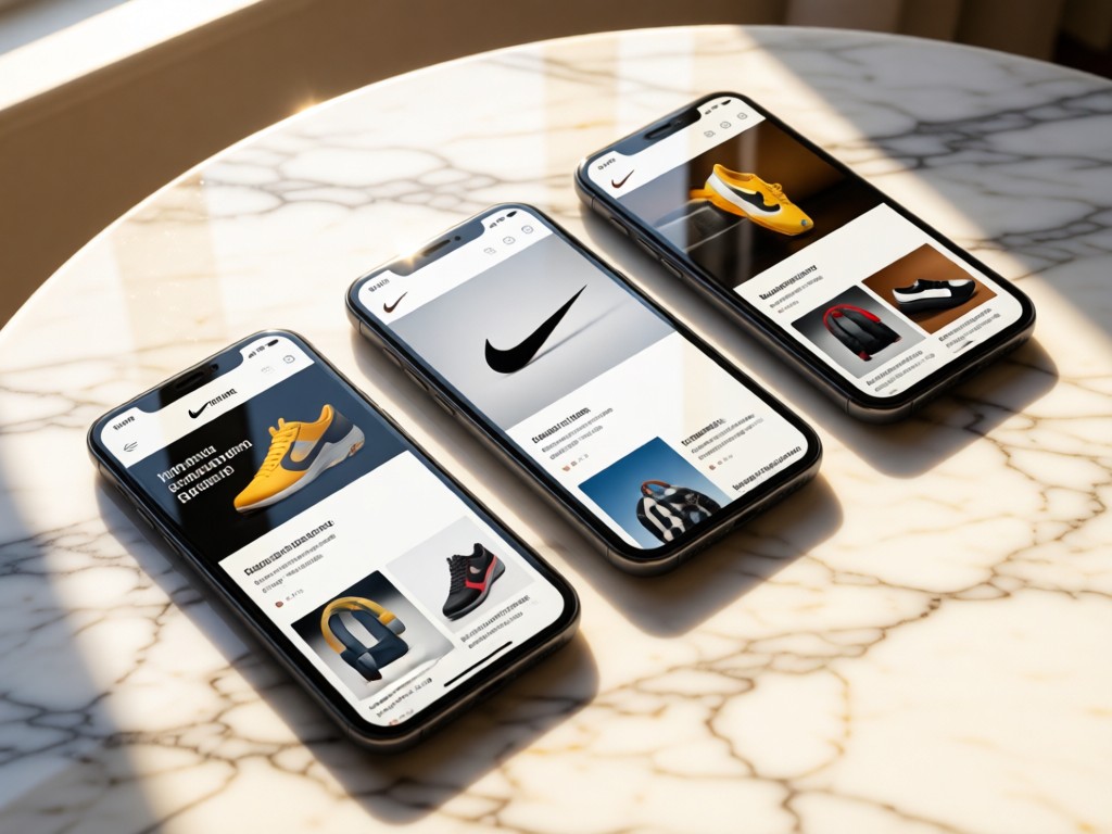 Three angled smartphones displaying different Nike product pages on a marble surface. Morning sun reflects off screens, showing crisp product images. Clean negative space around devices. No people.