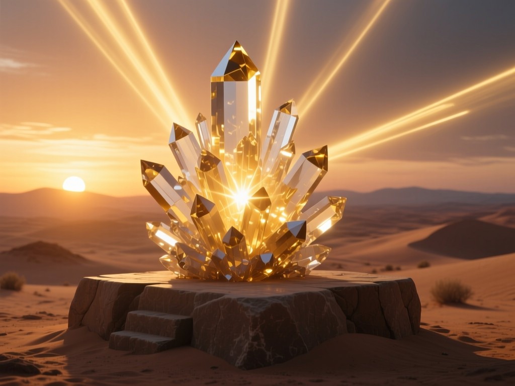 A majestic crystal cluster on a stone altar at sunset, beams of golden light radiating from its core, symbolizing spiritual amplification, soft shadows, desert landscape backdrop, no people.