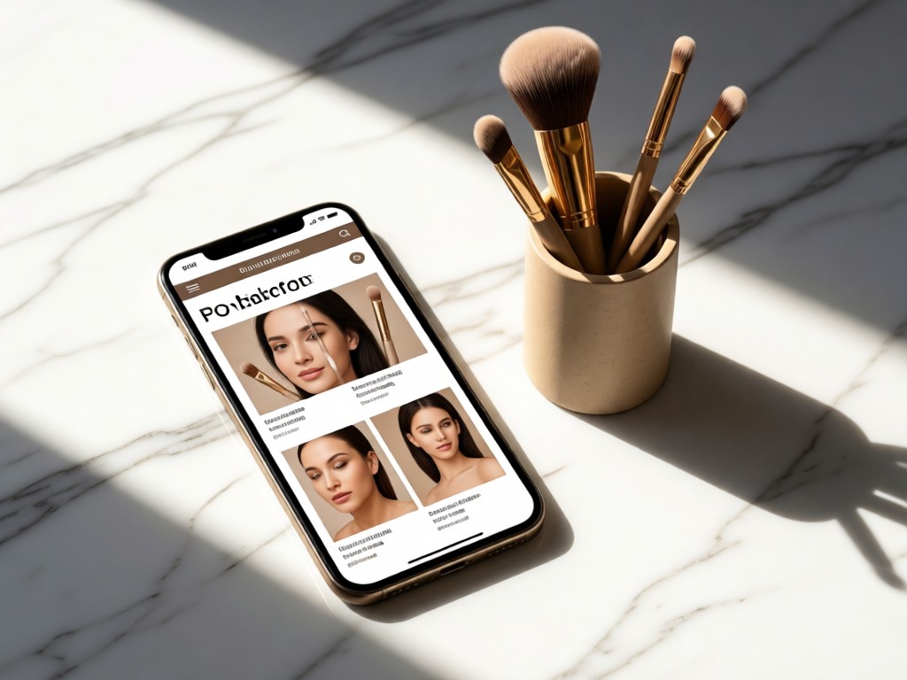A sleek smartphone displaying a cosmetic portfolio website beside a minimalist makeup brush holder. Morning light creates clean shadows on a marble surface. No people.