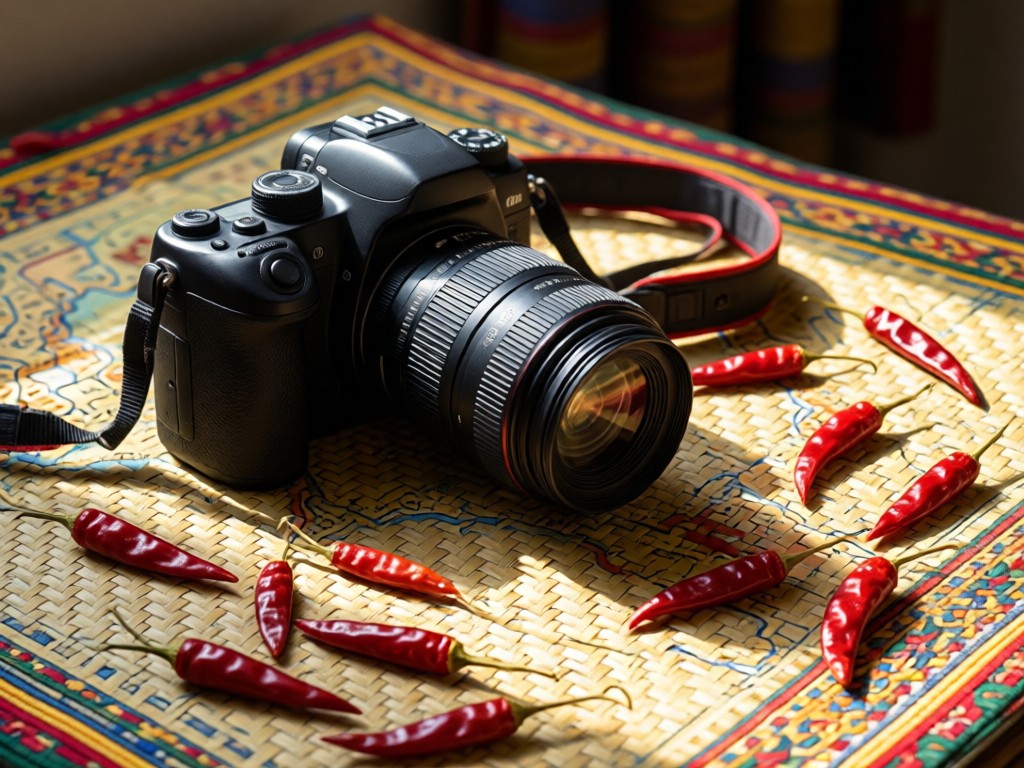 A professional camera resting on a woven Bhutanese textile map. Soft sunlight highlights scattered dried chilies around it. No people.