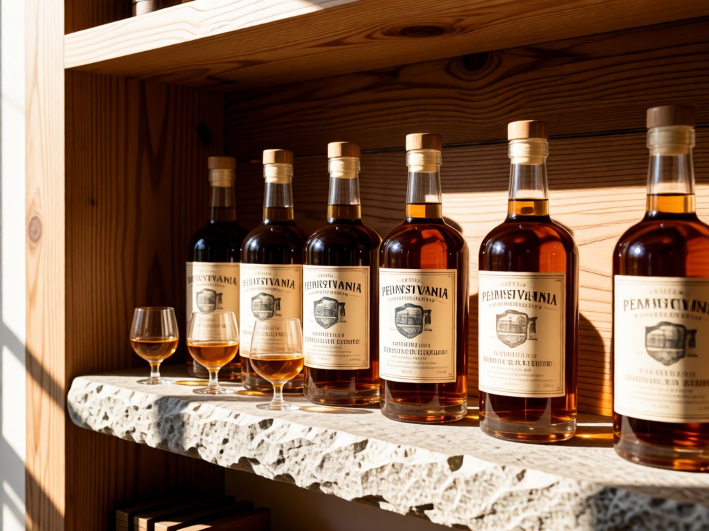 A curated collection of Pennsylvania craft spirits on a stone shelf. Sunlight highlights labels showing local distillery details. Clean composition with natural wood textures. No people.