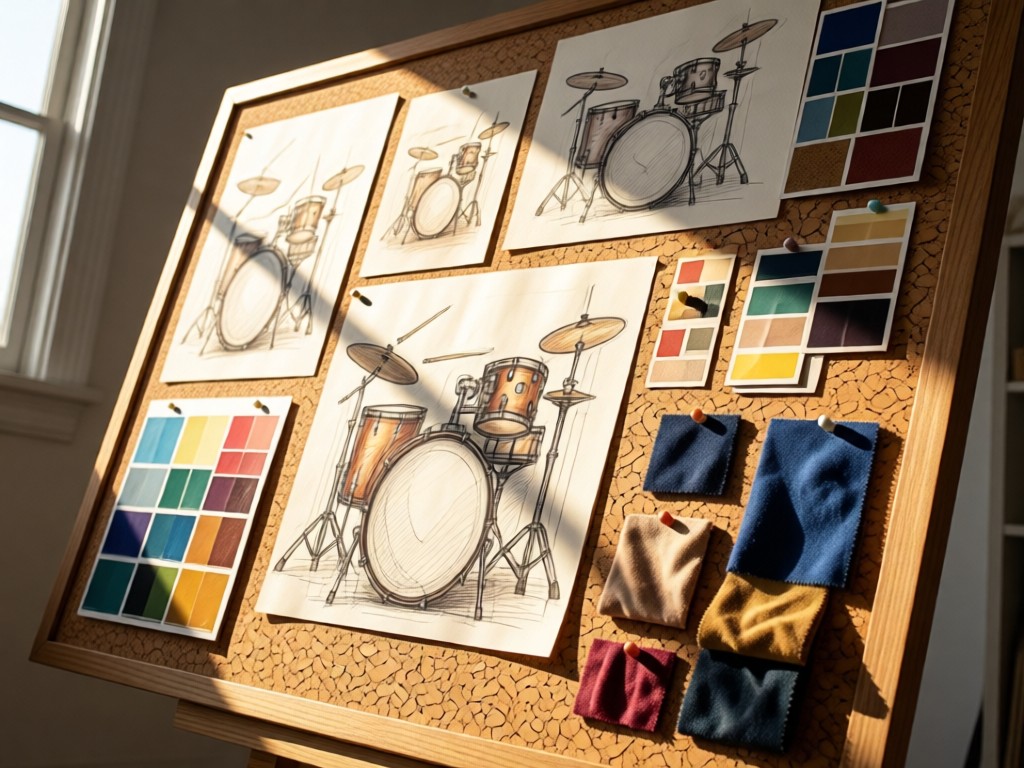 Angled view of corkboard with drum sketches, color swatches, and fabric samples. Natural light creates texture depth.
