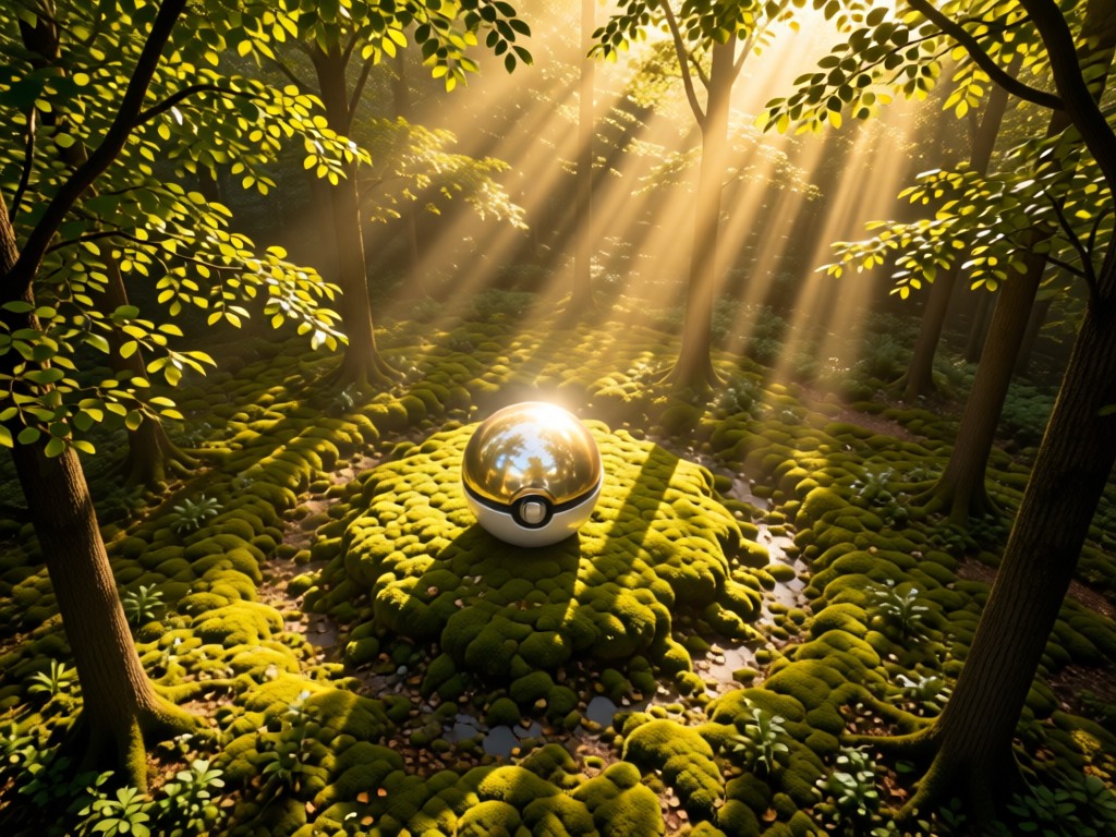 An aerial view of a gleaming Master Ball resting on moss in a sun-dappled forest clearing. Golden light filters through leaves, creating ethereal rays. Symbolizes having everything in one perfect place. No people.