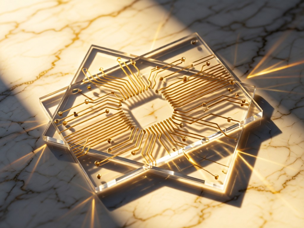 Close-up of a transparent acrylic card with embedded circuit lines, placed on a marble surface. Golden hour light creates geometric shadows. No text or branding visible.