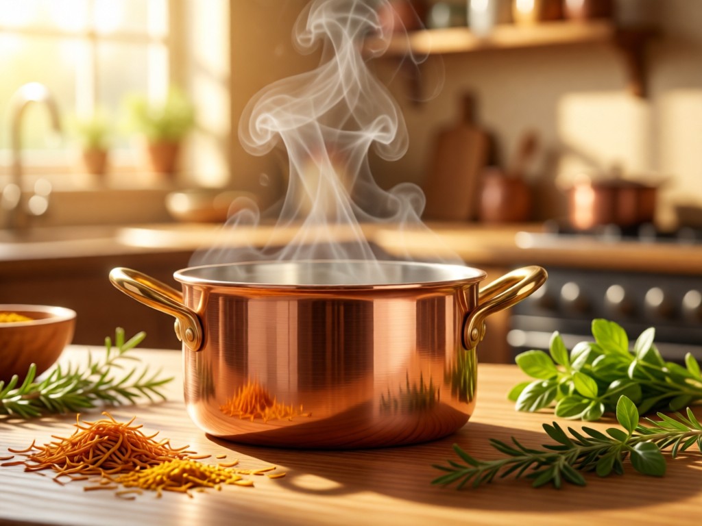 A single copper saucepan centered in a sunlit kitchen, steam gently rising. Ingredients like saffron threads and fresh herbs scattered nearby. Warm golden tones with soft focus background. No people.