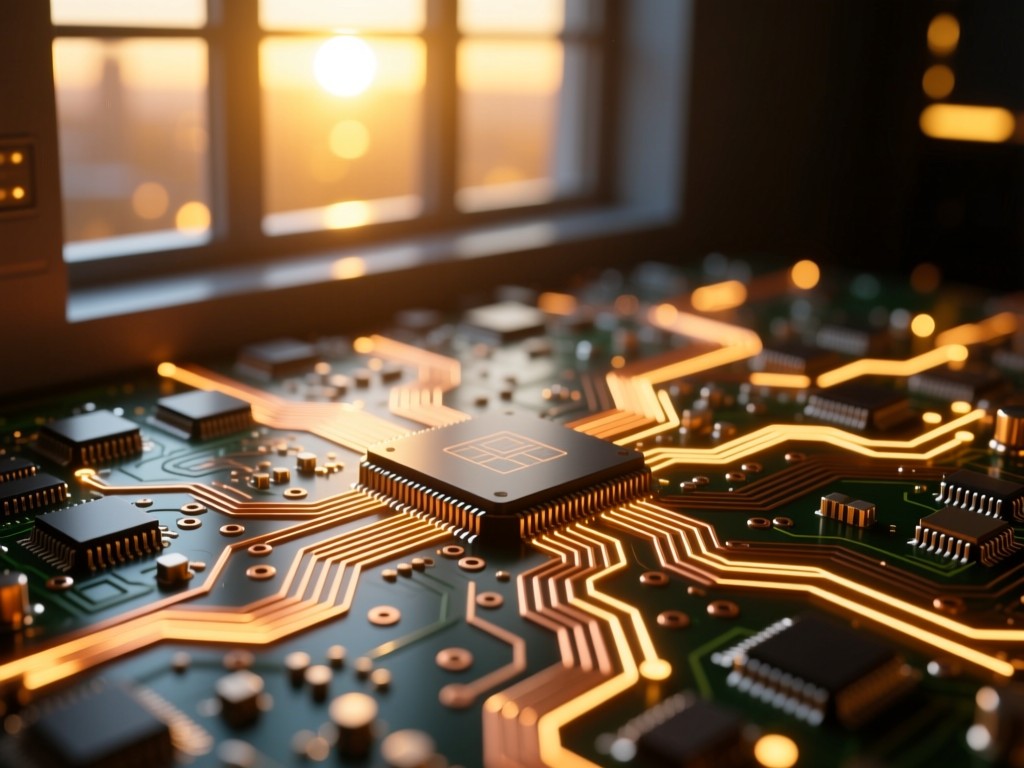 Circuit board pathways illuminated by golden hour light through a window, glowing copper traces symbolizing digital connections and discovery, shallow depth of field.