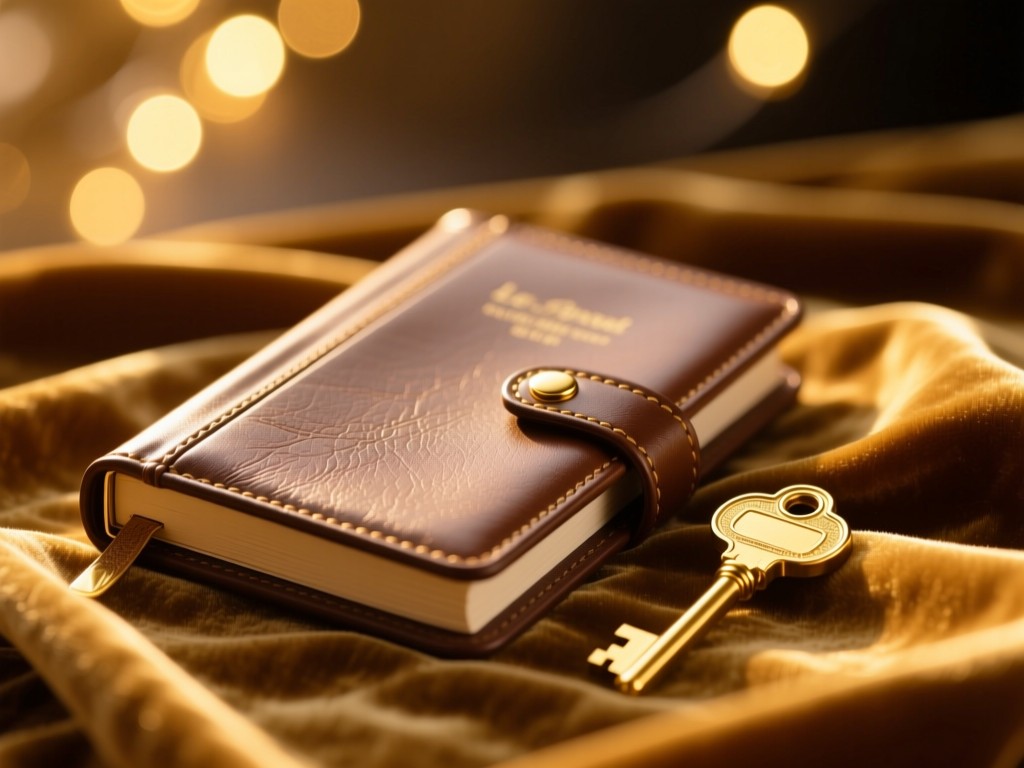 Leather-bound planner and gold key on velvet cloth during golden hour, shallow focus, warm bokeh lights in background, luxurious texture, no text.